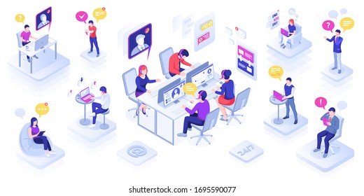 Call center with people or customer support centre, technical call line and feedback service. Office with man and woman in headset. Phone assistance banner design. Person with speech bubble