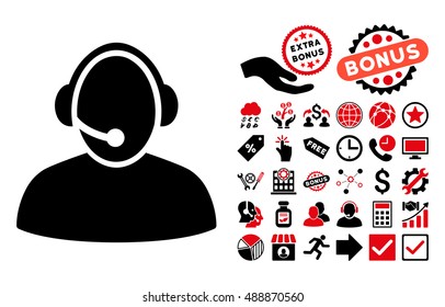 Call Center pictograph with bonus symbols. Vector illustration style is flat iconic bicolor symbols, intensive red and black colors, white background.