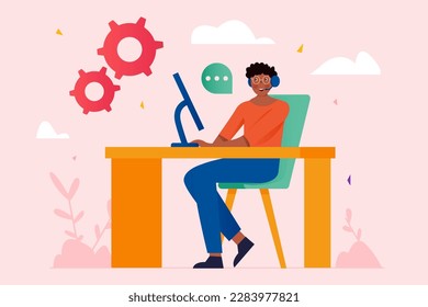 Call center pink concept with people scene in the flat cartoon design. Call center employee answers customer calls and advises them. Vector illustration.