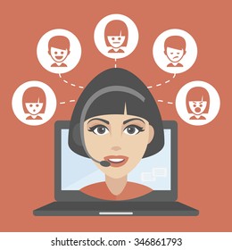 Call center pretty Woman avatar set. Client services and communication, customer support, phone assistance, information, solutions. laptop live support. Orange background