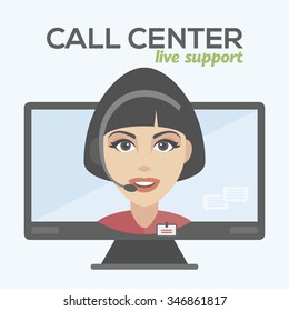 Call center pretty Woman avatar set. Client services and communication, customer support, phone assistance, information, solutions. computer live support