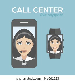 Call center pretty Woman avatar set. Client services and communication, customer support, phone assistance, information, solutions. smart phone and smart watch live support