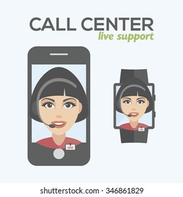 Call center pretty Woman avatar set. Client services and communication, customer support, phone assistance, information, solutions. smart phone and smart watch live support