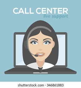 Call center pretty Woman avatar set. Client services and communication, customer support, phone assistance, information, solutions. laptop live support