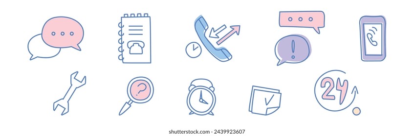 Centro de llamadas y gestión de productos y línea de soporte Conjunto de vectores de iconos