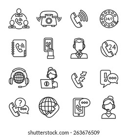 Call center question answer service outline icons set isolated vector illustration