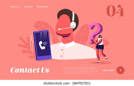 Call Center Receptionist, Customer Support Service Landing Page Template. Man in Headset Hotline Consultant Character Chatting with Client in Answering Questions. Cartoon People Vector Illustration