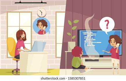 Call Center Remote Technical Support Service Flat Composition With Emergency Children Call And Operator Online Vector Illustration  