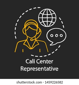 Call center representative chalk icon. Online support, hotline operator, consultant manager. Office, help desk worker, dispatcher. Telemarketing calls. Isolated vector chalkboard illustration