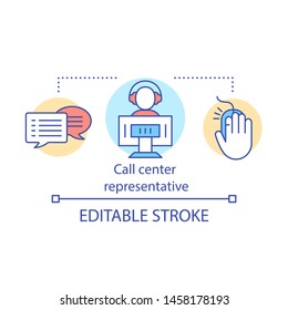 Call center representative concept icon. Online support, hotline operator, consultant idea thin line illustration. Office, help desk dispatcher. Vector isolated outline drawing. Editable stroke