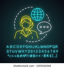 Call center representative neon light icon. Online support, hotline operator, consultant manager. Help desk dispatcher. Glowing sign with alphabet, numbers and symbols. Vector isolated illustration