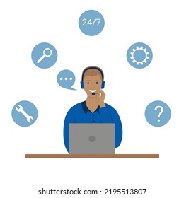 Centro de llamadas. Línea directa las 24 horas para llamadas. Operador de servicio de asistencia con audífonos y un portátil recibe llamadas de los clientes. Concepto. Estilo plano. Ilustración del vector