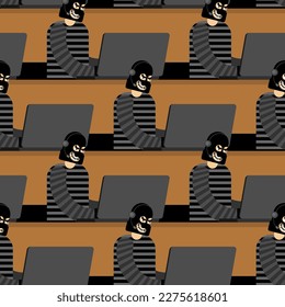 Call center scammer pattern seamless. swindler background. Criminal with headset sits at computer and deceives people.