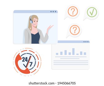 Call center service with 24-7 icon and video help window call center specialist vector illustration on white background