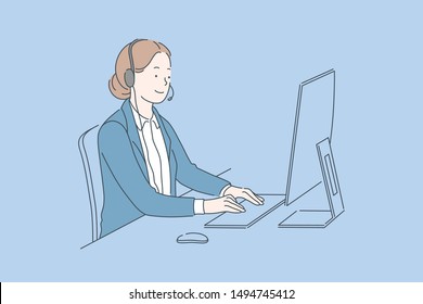 Call center service concept. Friendly operator woman agent with headsets working in a call centre. Young consultant of customer support or sales agent in headphones. Simple flat vector.