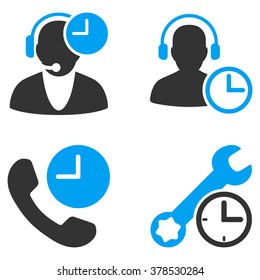 Call Center Service Time vector icons. Style is flat bicolored symbols painted with blue and gray colors on a white background, angles are rounded.