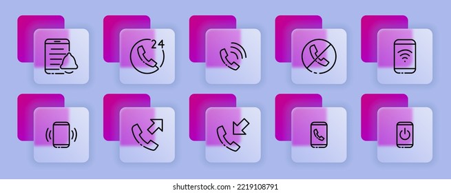 Icono de conjunto de servicios del centro de llamadas. Teléfono, línea fija, burbuja de habla, planeta, a nivel mundial, en línea, contáctenos, 24, 24 horas al día. Concepto de línea directa. Estilo de glasmorfismo. Icono de línea de vector para empresas
