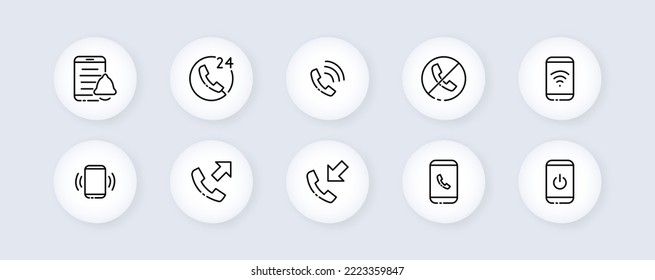 Call center services set icon. Phone, landline, speech bubble, planet, worldwide, online, contact us, 24, around the clock. Hotline concept. Vector line icon for Business and Advertising