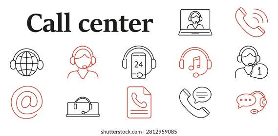 Call center set icon. Headphones, operator laptop, smartphone assistance, customer hotline, digital messaging, online consultation, telecommunication support, communication