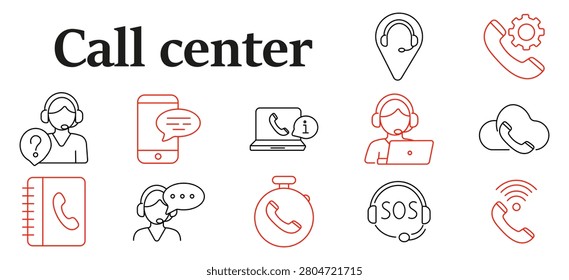 Call center set icon. Headset operator, smartphone messaging, cloud telephone, emergency hotline, customer communication, support assistance, digital contact service technology