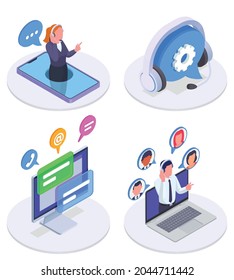 Call center set with technical support and response symbols isometric isolated vector illustration