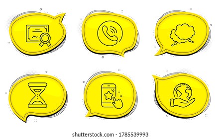 Call center sign. Diploma certificate, save planet chat bubbles. Star rating, Time and Speech bubble line icons set. Phone feedback, Clock, Chat message. Phone support. Technology set. Vector