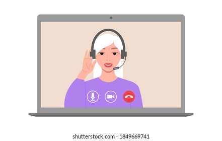 Call center. Smiling female character in headphones with a microphone speaks by video link. Virtual meeting with colleagues. Remote online meeting. Quarantine and social distancing. Vector