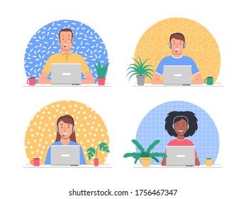 Centro de llamadas. Operadores telefónicos sonrientes con auriculares. Asistencia al cliente, servicio al cliente, asistencia al usuario. Ilustración del vector