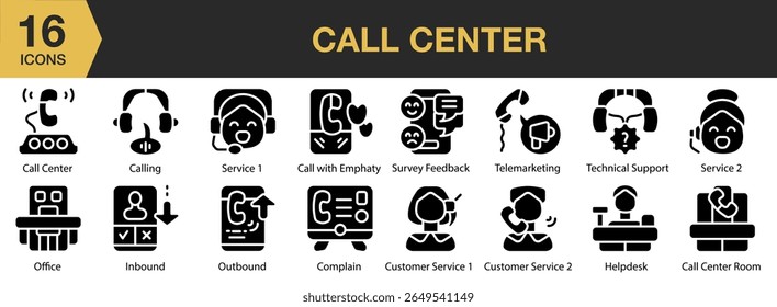Call Center solid icon set. Includes call, center, support, customer, service, and More. Solid icons vector collection.