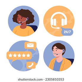 El concepto de "centro de llamadas". Hombre y mujer con auriculares con retroalimentación. Responder a las preguntas del cliente, ayuda y soporte. Consultores y asistentes, línea telefónica. Dibujo vectorial plano de dibujos animados