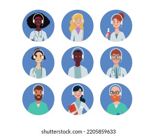 Call center staff doctor and provide services to customers via headphones and microphone cable. Vector illsutration Medical concept isolated on blue background. Professional recommendation icons set.