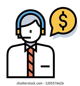 Call center staff with dollar icon on chat bubble vector illustration in line color design