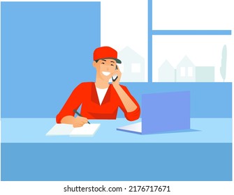 El personal del centro de llamadas habla y presta servicios de fontanería. Centro de llamadas, atención al cliente, agentes de telemarketing. Ilustración 3d de moda.