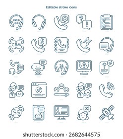 Icono de trazo del centro de llamadas. Conjunto de iconos de línea del centro de llamadas. paquete de iconos de trazo editable