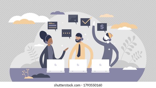 Call center support with answers to customer questions tiny persons concept. Client feedback and helpdesk service vector illustration. Technical assistance and consultation as professional occupation.