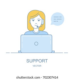 Call center and support. Female avatar of the hot line. Sale by phone. Linear Art. Vector illustration