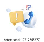Call Center Support Icon. 3d QA Speech bubble, question and exclamation mark icon. Talk message box with phone sign. FAQ symbol concept. Contact us. 3d vector render free to edit. Vector illustration