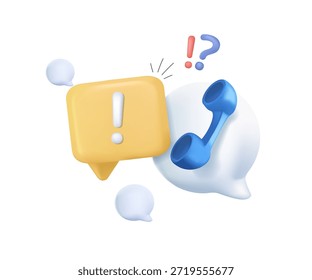 Call Center Support Icon. 3d QA Speech bubble, question and exclamation mark icon. Talk message box with phone sign. FAQ symbol concept. Contact us. 3d vector render free to edit. Vector illustration