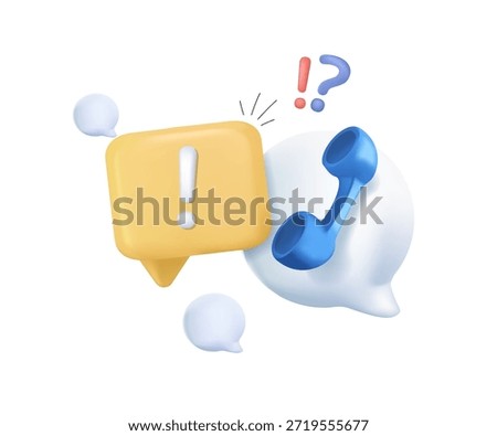 Call Center Support Icon. 3d QA Speech bubble, question and exclamation mark icon. Talk message box with phone sign. FAQ symbol concept. Contact us. 3d vector render free to edit. Vector illustration