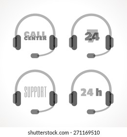 Call center and support icons set, 24 hours a day and 7 days a week pictogram. Headphones symbol. Monochromatic vector illustration