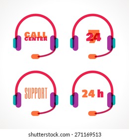 Call center and support icons set, 24 hours a day and 7 days a week pictogram. Headphones symbol. Colorful vector illustration