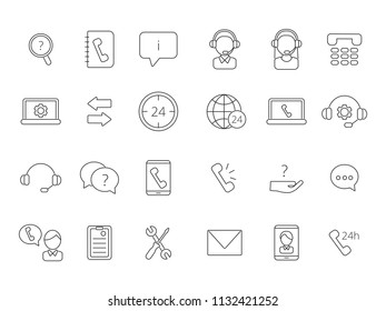 Call center support icons. Vector linear symbols isolate on white. Illustration of helpline linear, microphone and support customer