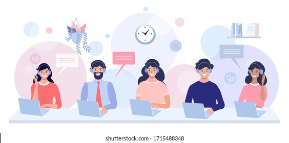 Call center and Support service and concept illustration. Office workers using headphones for talking with customers. Perfect for web design, banner, mobile app, landing page, vector flat design