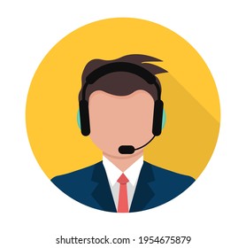 Call center. Support service icon. Male call center working in headphones. Man in headset. Customer service and communications. Avatar operator of call center. Vector illustration. EPS 10