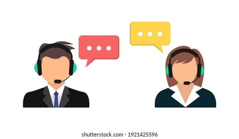 Call center. Support service. Male and female call center working in headphones. Man and woman in headset. Customer service and communications. Avatar operator of call center. Vector illustration