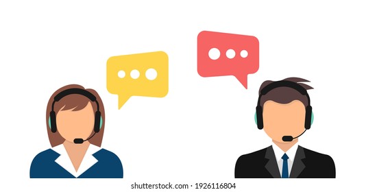 Call center. Support service. Male and female call center working in headphones. Man and woman in headset. Customer service and communications. Avatar operator of call center. Vector illustration.