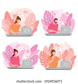 Call center and support service workers. Flat design people characters.