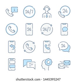 Call center, Support and Telemarketing services related blue line colored icons.