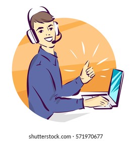 Call center support vector illustration, man in handsfree headphones working on laptop and showing thumb up