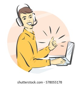 Call center support, vector illustration, man in handsfree headphones working on laptop and showing thumb up